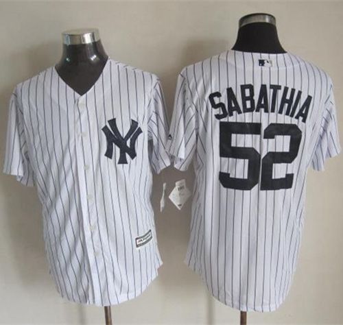 Yankees #52 C.C. Sabathia White Strip New Cool Base Stitched MLB Jersey - Click Image to Close